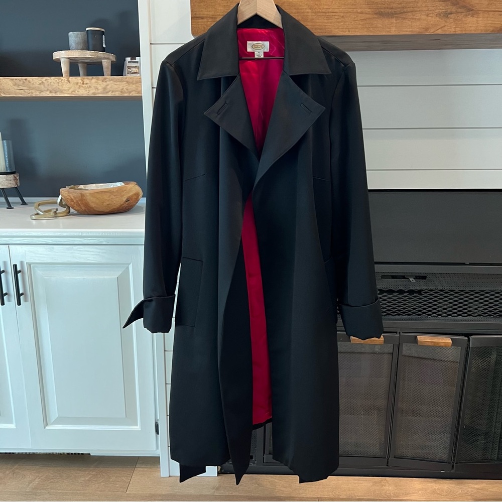 Talbots Satin Full Length Trench Coat French Cuffs Wide Belt XL Black Lined - Picture 3 of 14